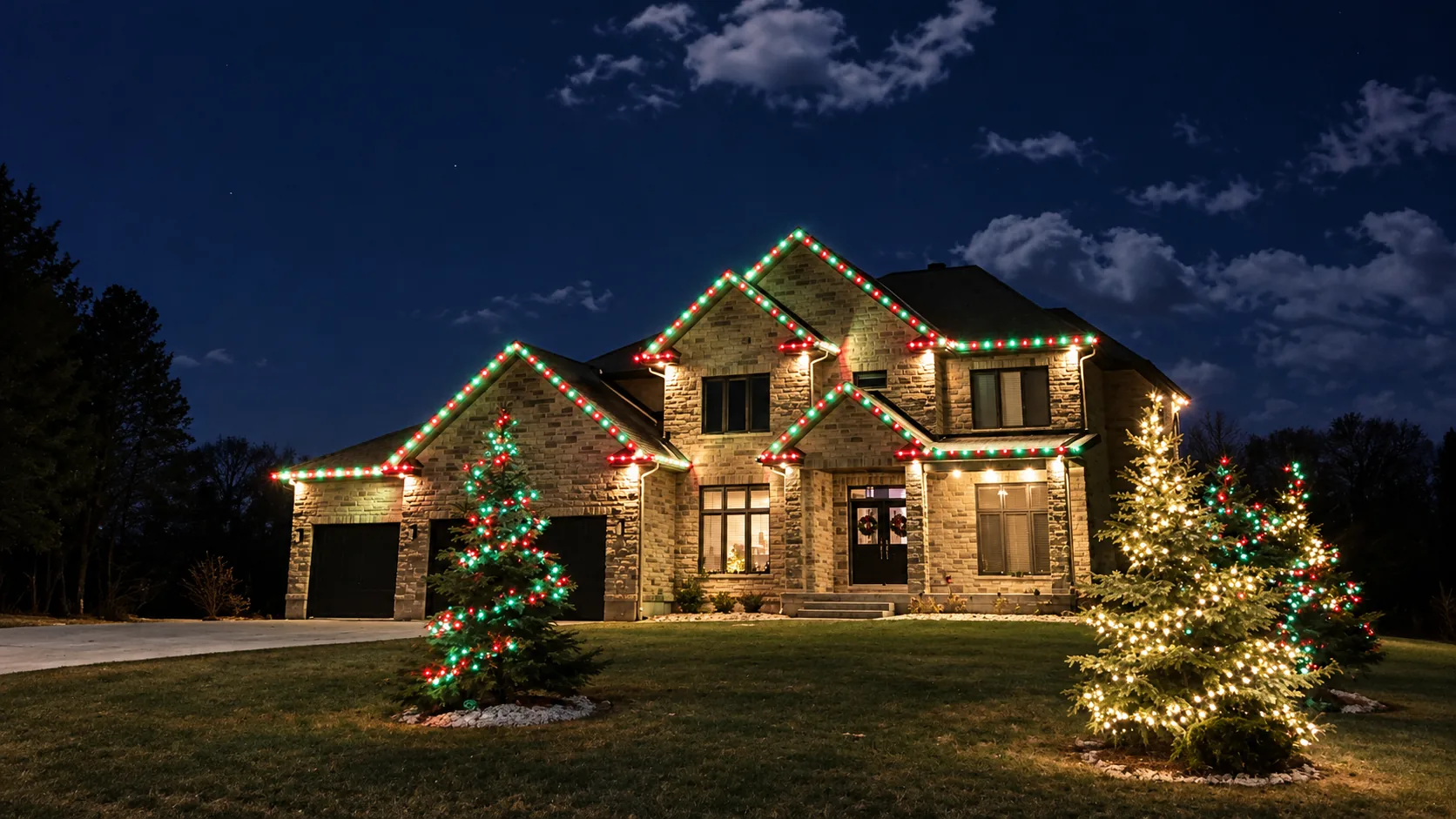 Stone home outlined in red and green holiday roofline lighting at dusk with two lit evergreen trees in the front yard